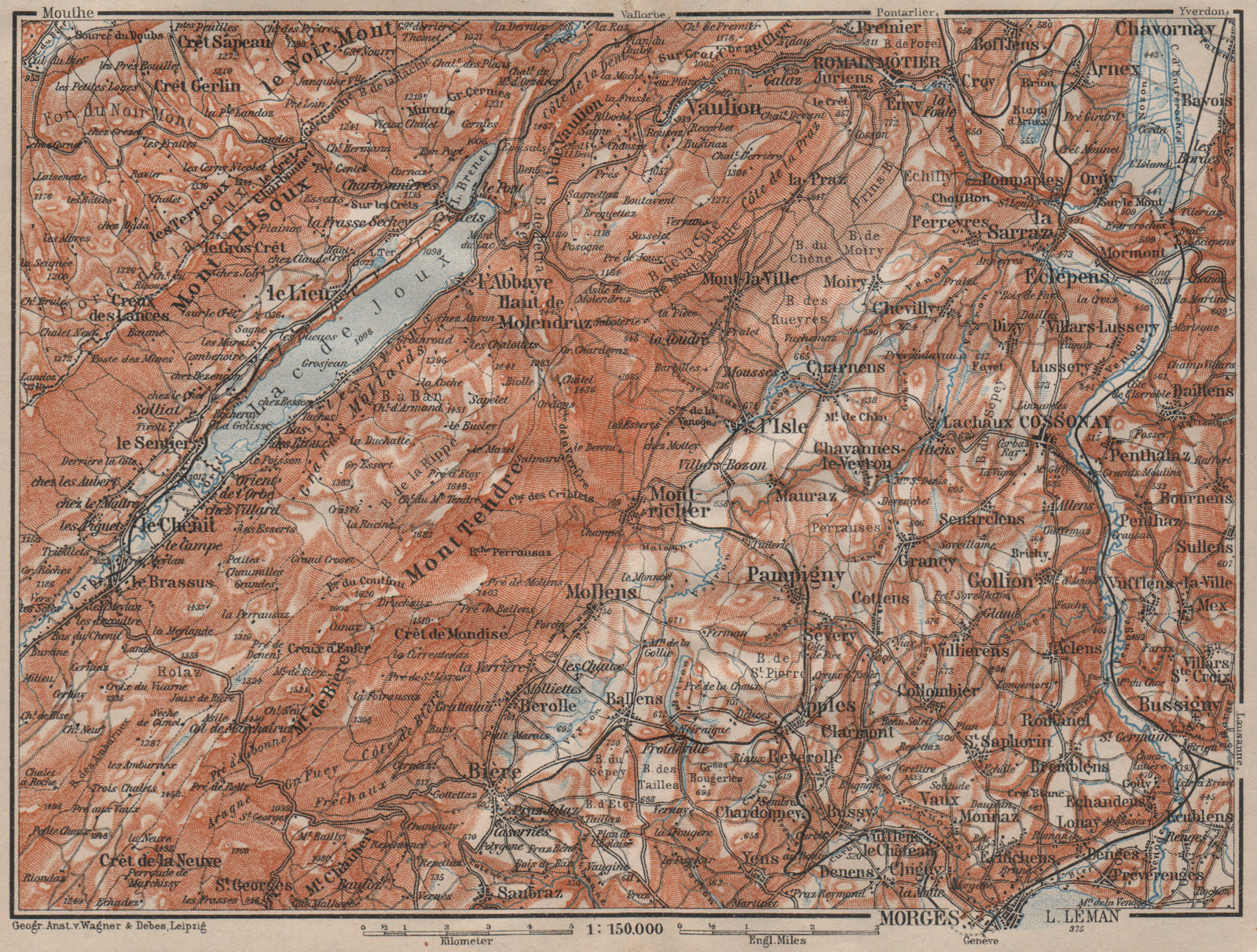 WESTERN JURA. Morges Cossonay Vaulion Mont Risoux/Tendre Lac de Joux 1911 map